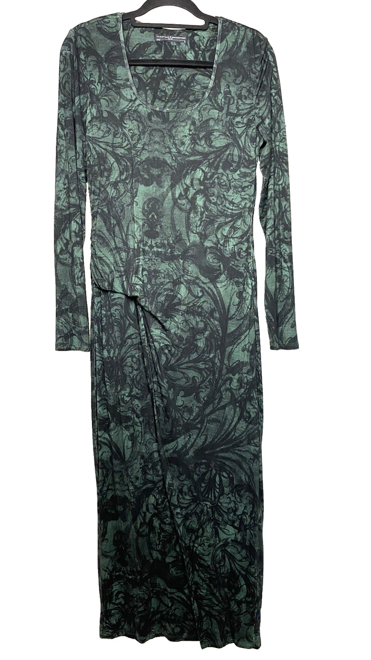 Peruvian Connection Women's Medium Maxi Dress Long Sleeve Green Abstract Stretch